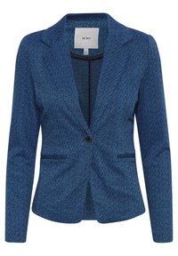 Modrý herringbone blejzr s výstřihy do lůna, jedním černým knoflíkem a dvěma předními kapsami. Vyrobeno z texturované tkaniny, se střihovou úpravou.