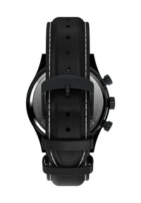 Orologio da polso nero con cassa rotonda in acciaio inossidabile, bracciale in pelle nera con cuciture bianche e numerosi pulsanti laterali per la funzionalità.