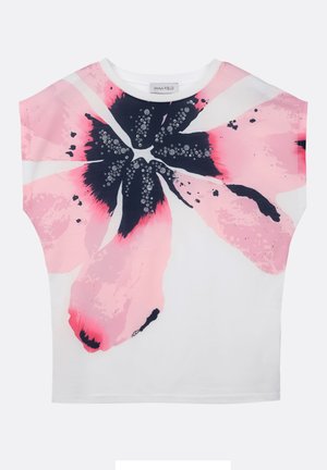 White short-sleeve t-shirt with a large pink and navy floral print, featuring abstract shapes and splashes of color throughout.