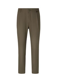 Olijfgroene broek van een gladde stof. Voorzien van een knoopsluiting, elastische tailleband en een taps toelopend beenontwerp. Geen zichtbare patronen.