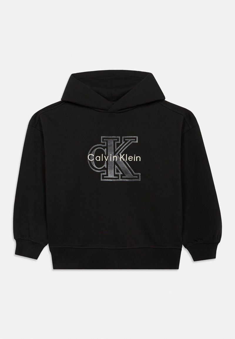 Sweatshirt com capuz preto, apresentando um logo CK em destaque em cinza e branco. Feito de um tecido suave com punhos e bainha canelados.
