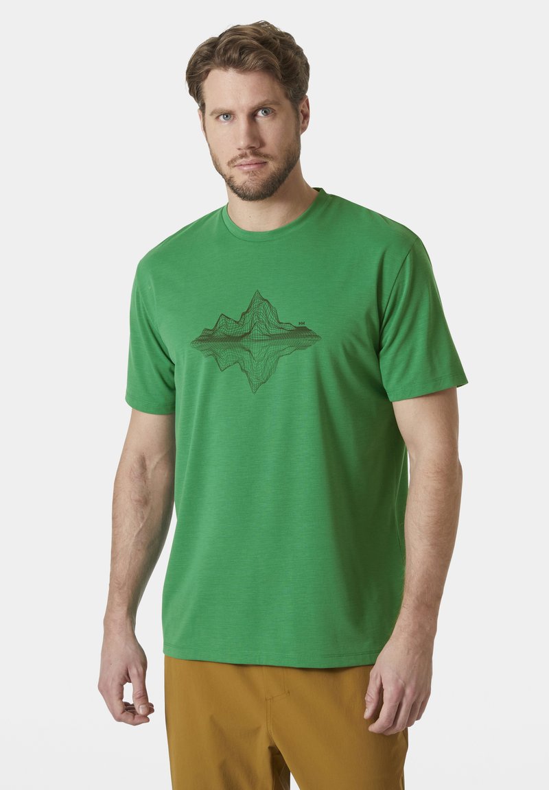 Groene korte mouwen T-shirt gemaakt van zachte stof, met een zwarte geometrische bergafbeelding op de borst gedrukt.