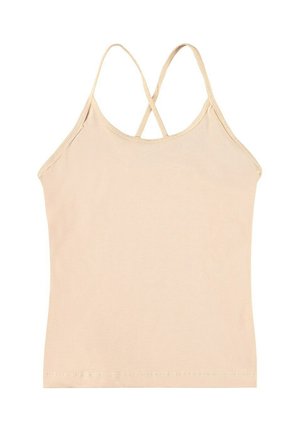 Beżowy tank top wykonany z miękkiej bawełny, z regulowanymi skrzyżowanymi ramiączkami, dopasowanym krojem i prostym wzornictwem. Wykończenie szwów wzdłuż krawędzi.