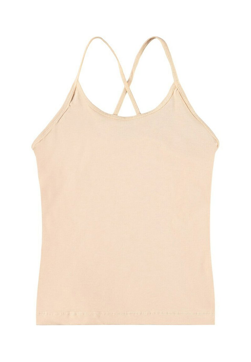 Canotta beige realizzata in morbido cotone con spalline incrociate regolabili, una forma aderente e un design semplice. Finitura dei bordi cucita.