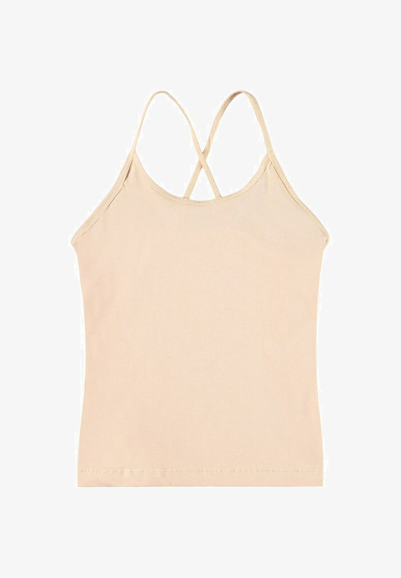Beżowy tank top wykonany z miękkiej bawełny, z regulowanymi skrzyżowanymi ramiączkami, dopasowanym krojem i prostym wzornictwem. Wykończenie szwów wzdłuż krawędzi.