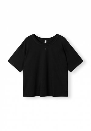 Maglietta nera a maniche corte, realizzata in cotone, con scollatura rotonda, vestibilità ampia e design minimalista con un piccolo etichetta sul lato.