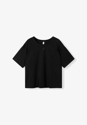 Black short-sleeve t-shirt, made of cotton, featuring a round neckline, loose fit, and minimalistic design with a small label on the side.