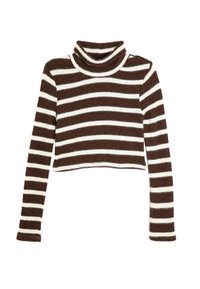 Gestreifter braun-weißer Rollkragenpullover, gerippte Textur, verk�ürztes Design, lange Ärmel, mit hohem Kragen und kontrastierenden Streifen.