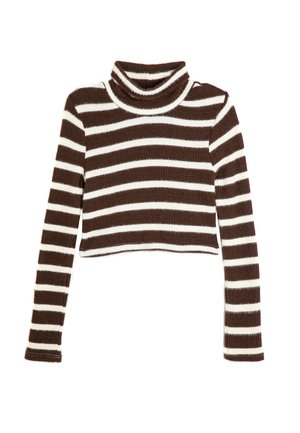 Maglione a collo alto a strisce marroni e bianche, texture a costine, design cropped, maniche lunghe, con un colletto alto e strisce a contrasto.