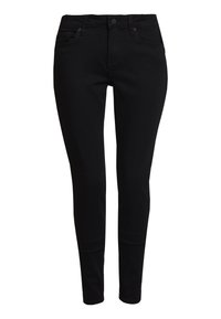 Black skinny jeans made of denim. Features a high waistband, five pockets, and a classic zip and button closure. Smooth texture with no patterns.
