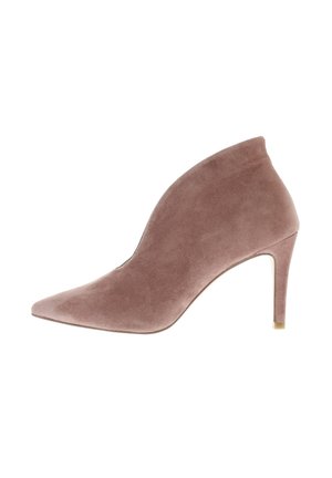 Taupe suede pointed-toe ankle boot with a stiletto heel and asymmetrical cut top edge.