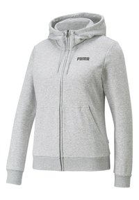 Felpa grigia con zip realizzata in tessuto morbido, dotata di cappuccio con cordoncino, tasche a marsupio e un piccolo logo nero sul petto.