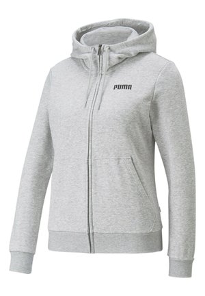 Felpa grigia con zip realizzata in tessuto morbido, dotata di cappuccio con cordoncino, tasche a marsupio e un piccolo logo nero sul petto.