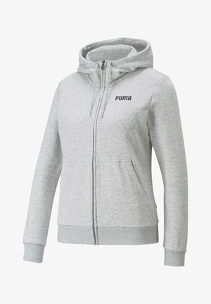 Felpa grigia con zip realizzata in tessuto morbido, dotata di cappuccio con cordoncino, tasche a marsupio e un piccolo logo nero sul petto.