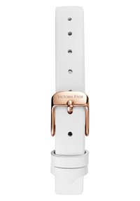 Correa de reloj de cuero blanco con hebilla de oro rosa y nombre de la marca grabado. Textura suave con múltiples agujeros de ajuste y extremo enrollado.