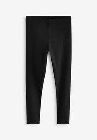 Mustat leggingsit ribbikankaasta, joissa on tiukka istuvuus, täyspitkä muoto ja yksinkertainen vyötärönauha ilman lisäkoristeluja.