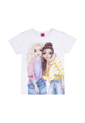 Two girls illustrated on a white shirt, one with blonde wavy hair in purple and pink, the other with brown hair in a bun wearing yellow striped top.