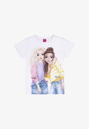 Two girls illustrated on a white shirt, one with blonde wavy hair in purple and pink, the other with brown hair in a bun wearing yellow striped top.