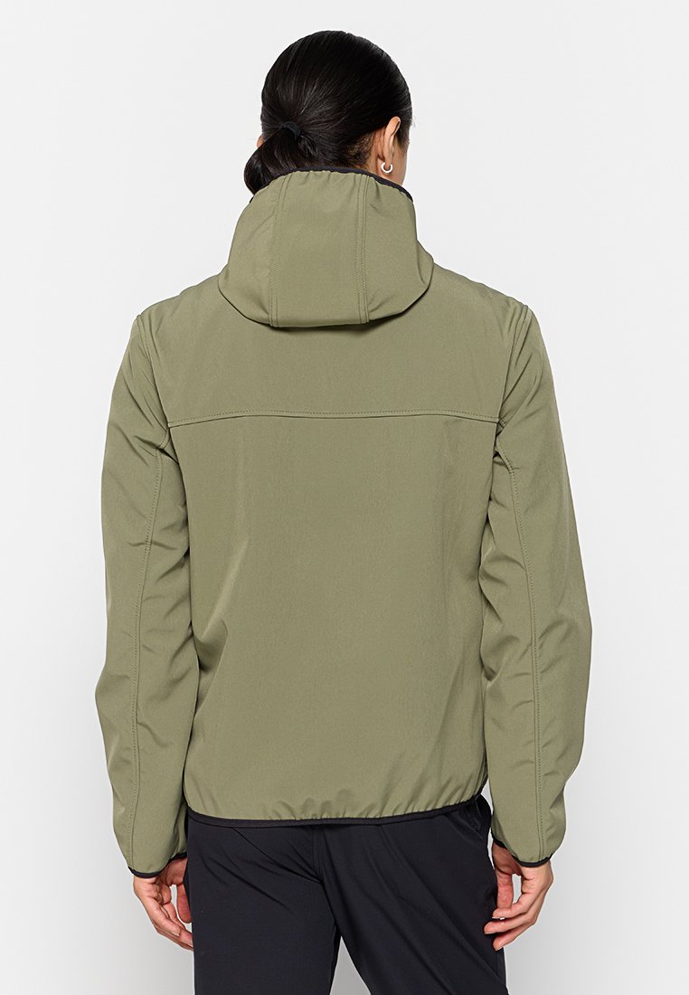 Veste à capuche olive en tissu lisse et léger, avec des poignets élastiques et une taille cintrée. Comprend une couture au dos.