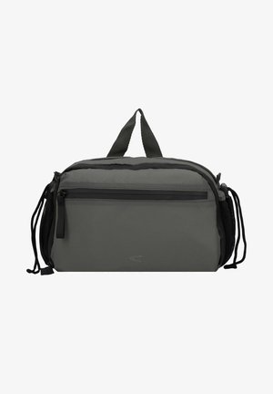 Grå stofpose med et rektangulært design, der har et topgreb, lynlåslomme på fronten og justerbare snore i siden.