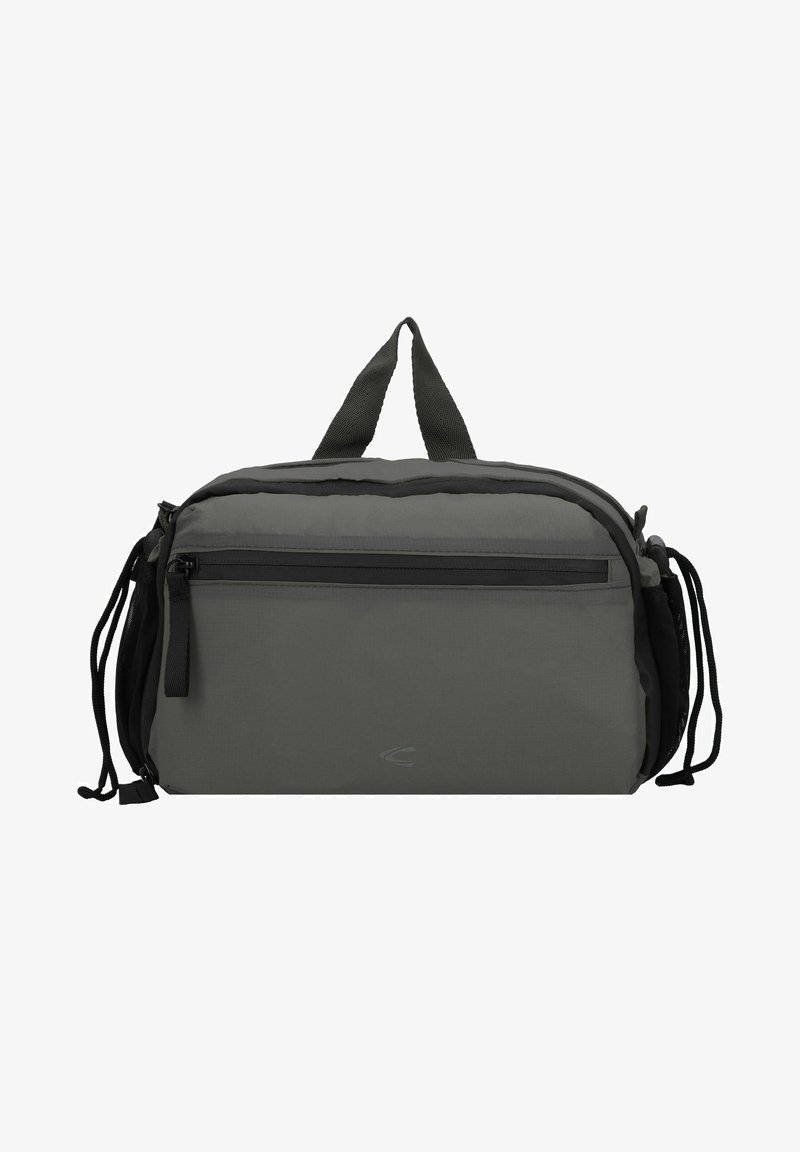 Grå stofpose med et rektangulært design, der har et topgreb, lynlåslomme på fronten og justerbare snore i siden.