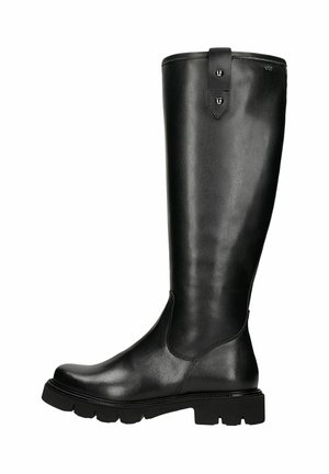 Schwarzer kniehoher Lederstiefel mit glatter Textur, abgerundeter Zehenform, dicker Gummisohle und Riemendetails am oberen Teil.