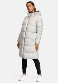 Light gray puffer coat with a hood, featuring a full front zipper, side pockets, and ribbed cuffs. Smooth texture and quilted design.