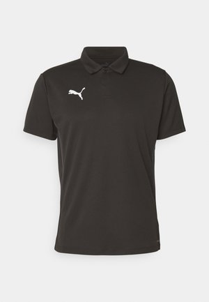 Svart polo-skjorte laget av glatt materiale, med krage, korte ermer, og en hvit Puma-logo på venstre side.