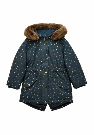 Cappotto invernale per bambini blu navy con motivi di stelle e lune dorate, cappuccio foderato di pelliccia, bottoni frontali e due tasche con pattina e bottone.