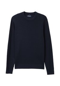 Mörkblå stickad tröja med rund hals, texturerat mönster och långa ärmar. Har ribbade manschetter och nederkant för en säker passform.