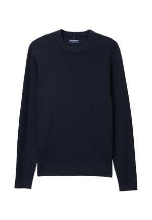 Granatowy sweter dziany z okrągłym dekoltem, strukturalnym wzorem i długimi rękawami. Posiada ściągacze przy mankietach i u dołu, zapewniające pewne dopasowanie.