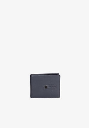 Black leather bi-fold wallet with a stitched logo patch on the front, displayed against a white background.