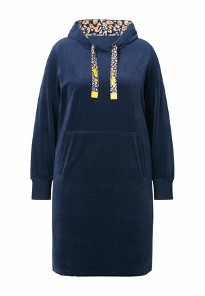 Robe à capuche marine en tissu doux, dotée d'une grande poche avant et d'une doublure de capuche à motif léopard avec des accents jaunes sur les cordons.