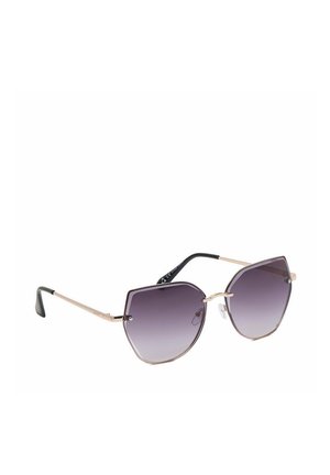 Gafas de sol con lentes de degradado púrpura hexagonal, montura metálica fina dorada y extremos de patilla negros sobre fondo blanco.