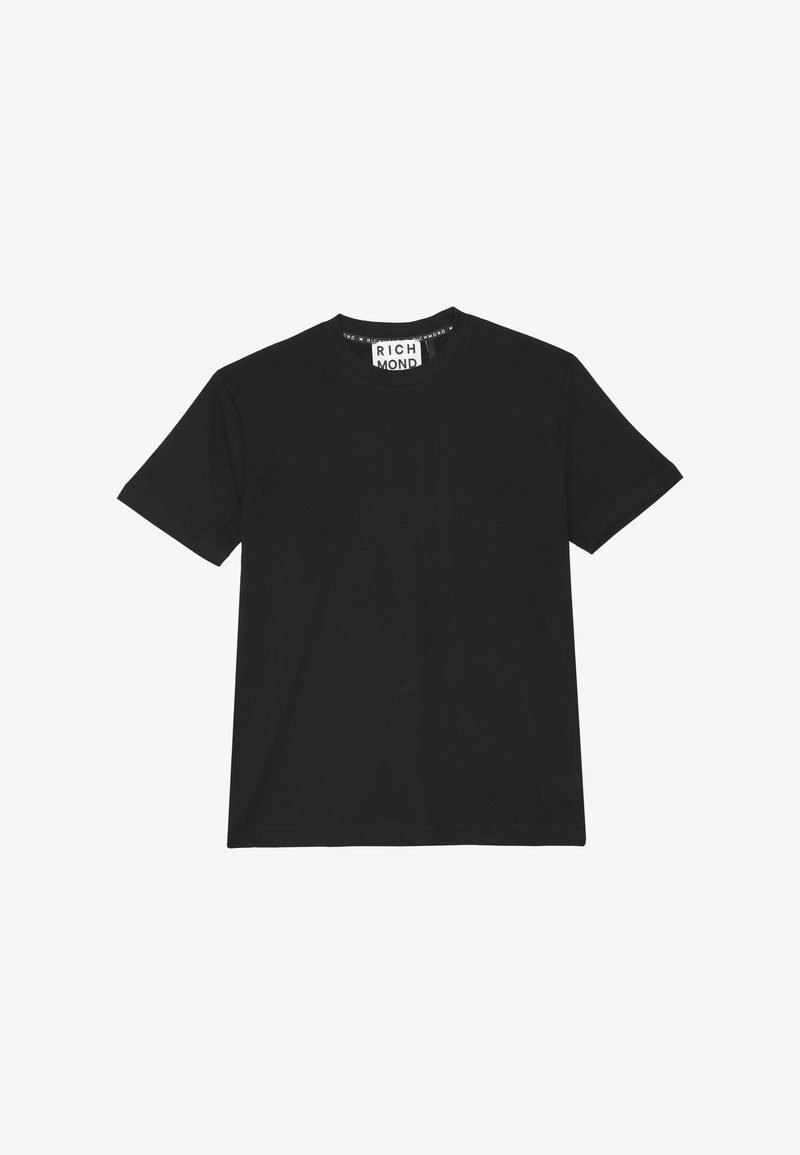 T-shirt nera a maniche corte realizzata in tessuto morbido. Caratterizzata da un collo rotondo e da una texture semplice e liscia, senza modelli o decorazioni.