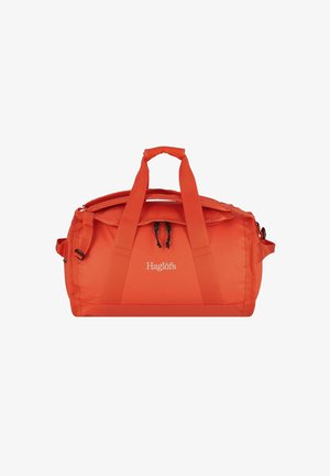 Oranje duffel bag gemaakt van duurzaam stof. Beschikt over dubbele handvatten, een verstelbare schouderriem en een ritssluiting aan de bovenkant. Logo weergegeven.