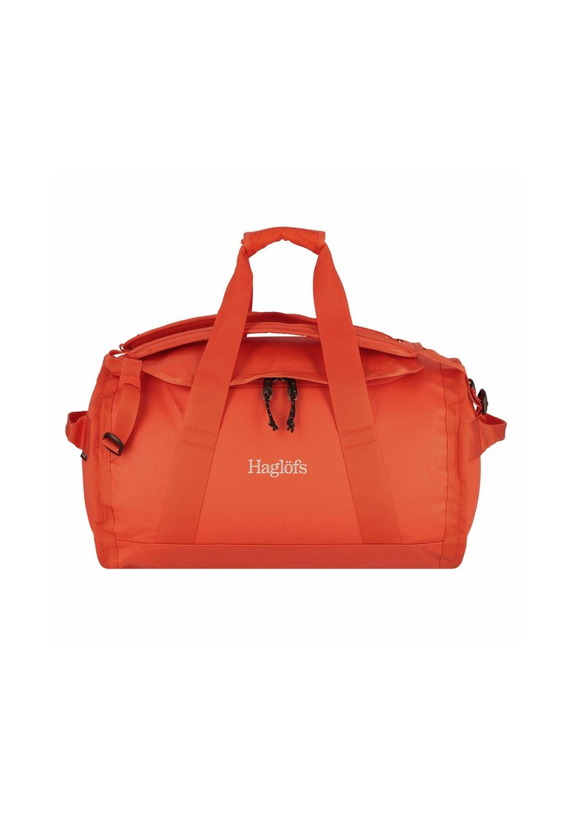 Borsa duffel arancione realizzata in tessuto resistente. Caratterizzata da manici doppi, una tracolla regolabile e una chiusura con zip nella parte superiore. Logo in evidenza.