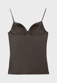 Haut caraco marron foncé ajusté avec bonnets à armatures intégrés et fines bretelles réglables sur fond uni.