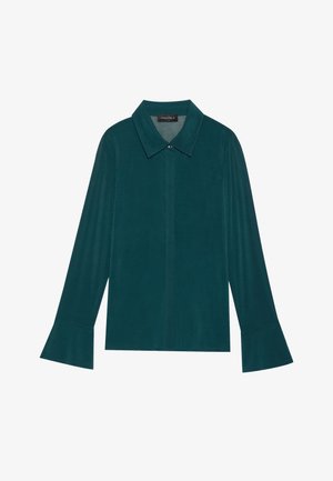 Treiblau Bluse aus glattem Material mit Kragen, durchgehender Knopfleiste und ausgestellten Ärmeln für eine lässige Passform.