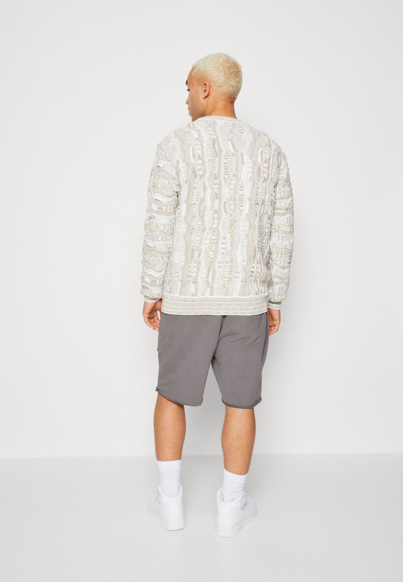 Lichtgrijze sweatshirt met textuur en ingewikkelde patronen, gecombineerd met donkergrijze shorts en witte sneakers. Model staat met de rug naar de camera.