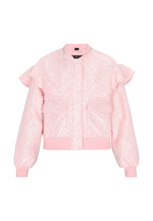Veste bomber rose ornée de sequins, avec des volants aux épaules et des poignets et un ourlet côtelés, présentée sur un fond blanc.