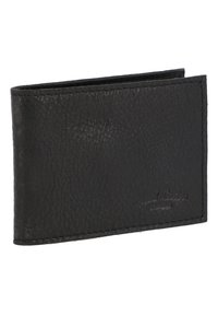 Schwarze Lederbörse mit strukturierter Oberfläche, im Querformat und mit genähten Kanten. Verfügt über ein geprägtes Logo auf der Vorderseite. Kompakte und schlanke Form.