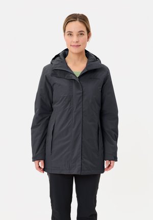 Wasserabweisende schwarze Kapuzenjacke mit Reißverschluss, Seitentaschen und verstellbaren Manschetten, mit einer glatten Außenoberfläche.