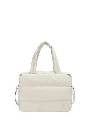 Hellbeige gepolsterte Laptoptasche mit Doppelgriffen und verstellbarem Schulterriemen, mit kleinem Logo an der unteren rechten Vorderseite.