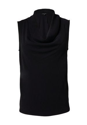 Black sleeveless top with a cowl neckline, made from smooth fabric. Features a relaxed fit and rounded hemline for ease of wear.