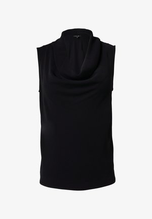 Schwarzes ärmelloses Oberteil mit einem schalenförmigen Ausschnitt, aus glattem Material gefertigt. Verfügt über eine lockere Passform und einen abgerundeten Saum für höheren Tragekomfort.