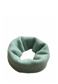 Ribbed scarf in a soft, mint green color. Circular design with textured fabric, featuring a cozy, knitted appearance and no visible hardware.