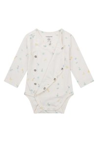 Weißes Langarm-Baby-Body mit Wickeldesign, das kleine, mehrfarbige Muster von Früchten und Kreisen zeigt. Druckknopfverschluss entlang der Front.