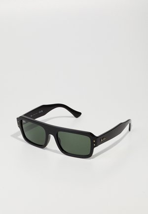 Black rectangular sunglasses with green lenses, featuring gold accents and a thick plastic frame. Textured arms for grip.