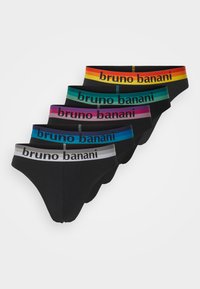 Svarta kalsonger för män, fem-pack, med elastiska midjeband i olika färger: regnbåge, grön, blå, lila och grå, med "bruno banani"-logotyp.